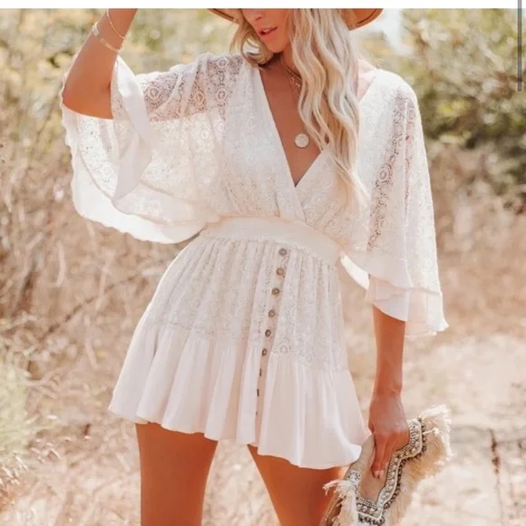 Vici Fly Far Cotton Blend Crochet Dress- Vici Vintage Crochet Romper Dress - Picture 3 of 13